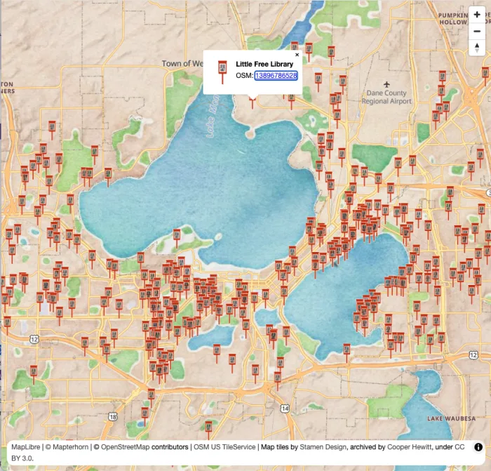 Map of Madison, WI showing Little Free Library locations