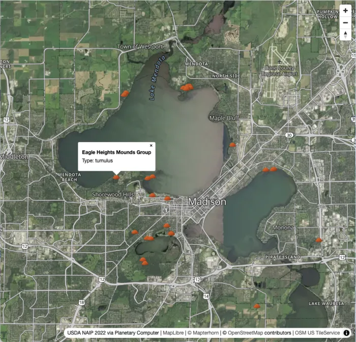 Map of Madison, WI showing Native American effigy mounds
